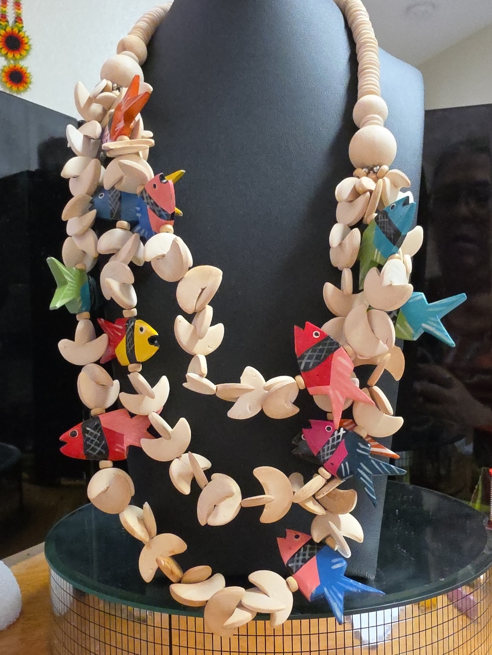 Artisan Wood Fish Folk Art Multi Strand Necklace - Multicolor